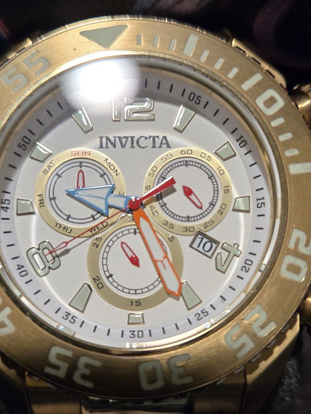 Invicta 60mm÷,Gold and White Multifunction Chronograph Watch with Colorful Hands